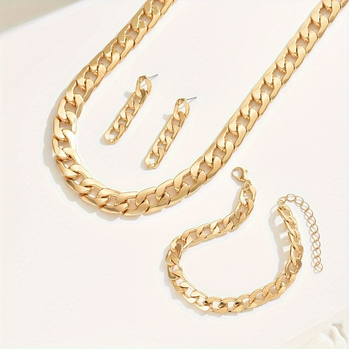 Stylish Gold Chain Link Necklace,  Bracelet, and Earring Set