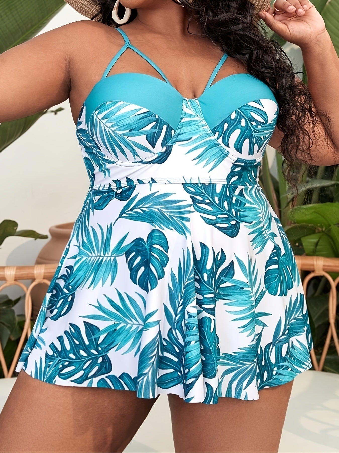 Plus Size Tropical Print Cut Out Top & Panties Swimsuit Set; Women's Plus High Stretch Casual Swimsuit 2pcs Set