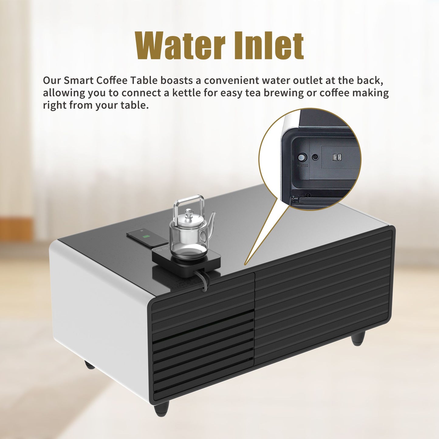 Modern Smart mini Coffee Table with Built in Fridge;  Outlet protection; Wireless charging module; Mechanical temperature control; Power socket; USB interface And power interface.