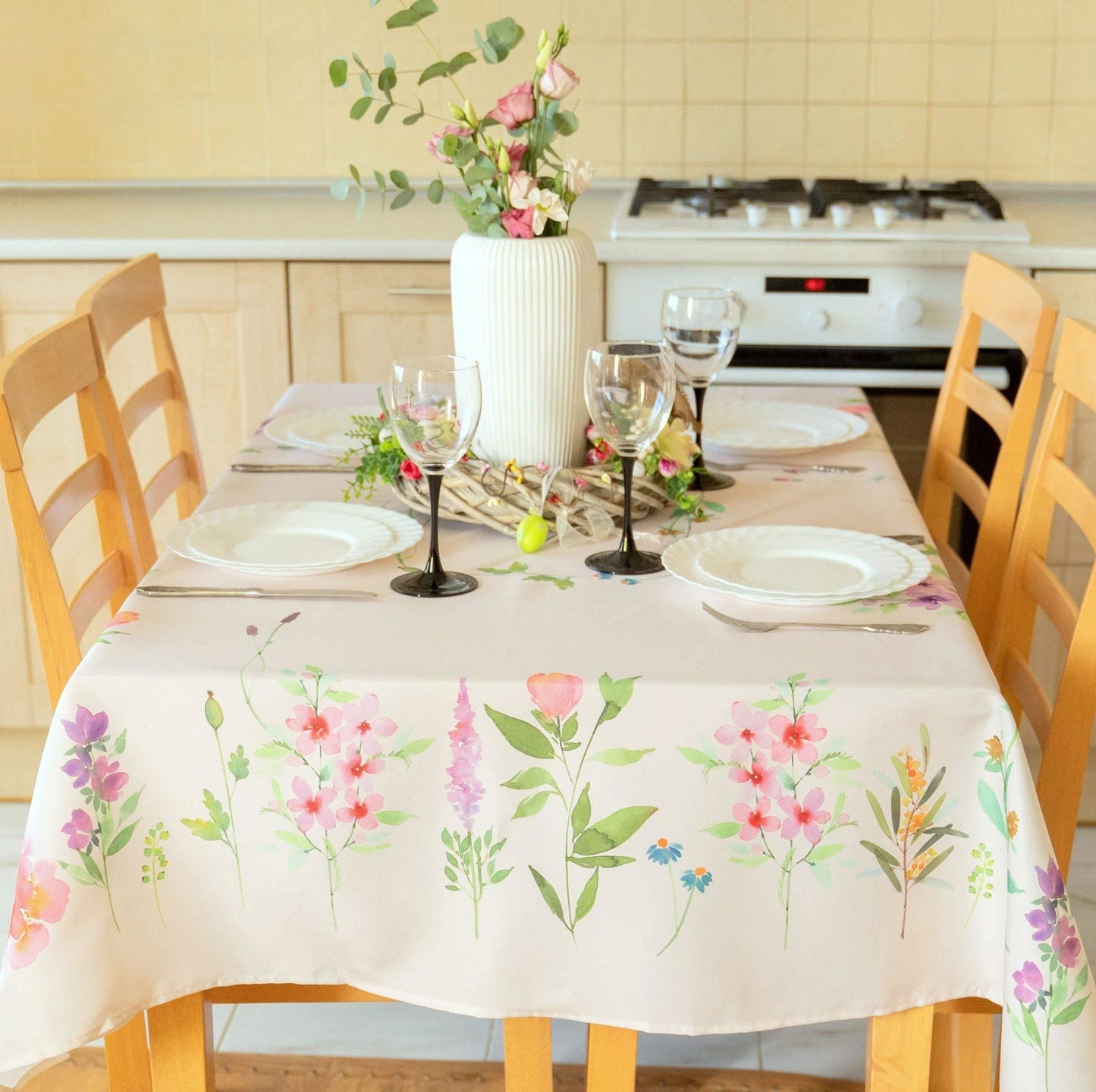 Finest Floral Coloring Square Easter Tablecloth Non Iron Stain Resistant Table Cover 60x60 inch