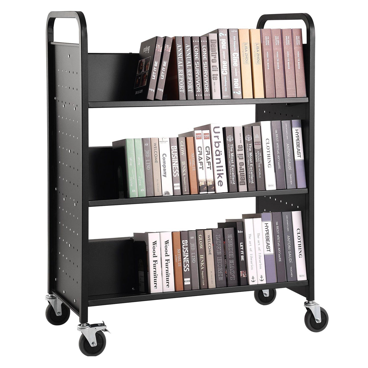 VEVOR Book Cart, 330 lbs Library Cart, 39.4" x 20.1" x 49.2" Rolling Book Cart, Double Sided W-Shaped Sloped Shelves with 4-Inch Lockable Wheels for Home Shelves Office School, Book Truck in Black