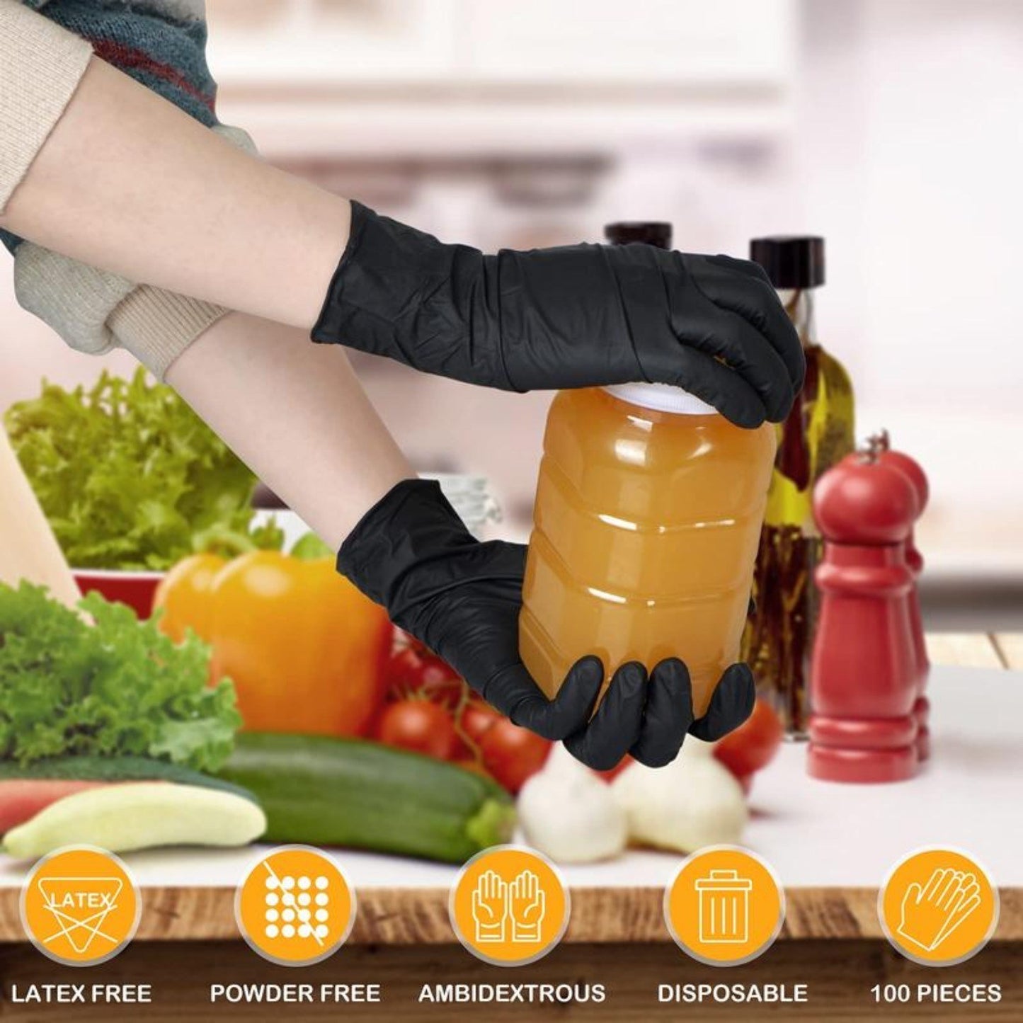 200pcs Black disposable nitrile gloves  are used for safe household cleaning in work, kitchen, cooking, and garden environments (Prohibited from selling on Amazon)