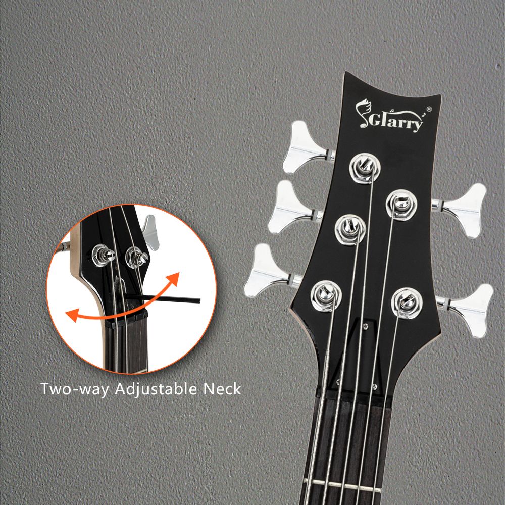 [Do Not Sell on Amazon]Glarry GIB Electric 5 String Bass Guitar Full Size Bag Strap Pick Connector Wrench Tool Sunset Color