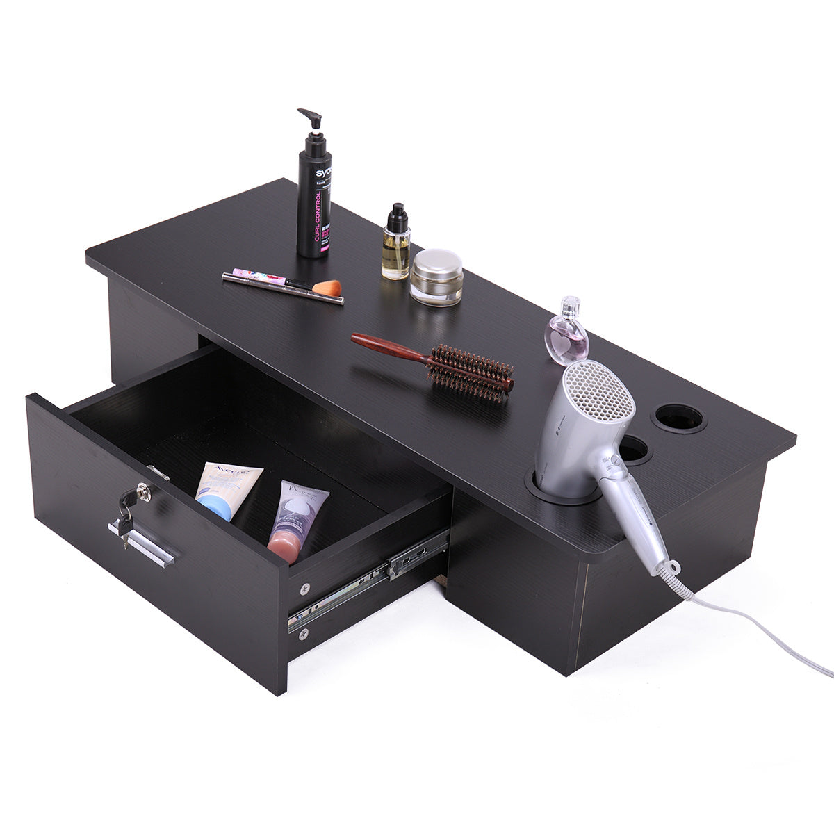 Classic Wall-Mounted Styling Station with Drawer and Tool Holes, Vanity Table, Dressing Table, Equipment for Barber Beauty Spa Salon Shops, Black