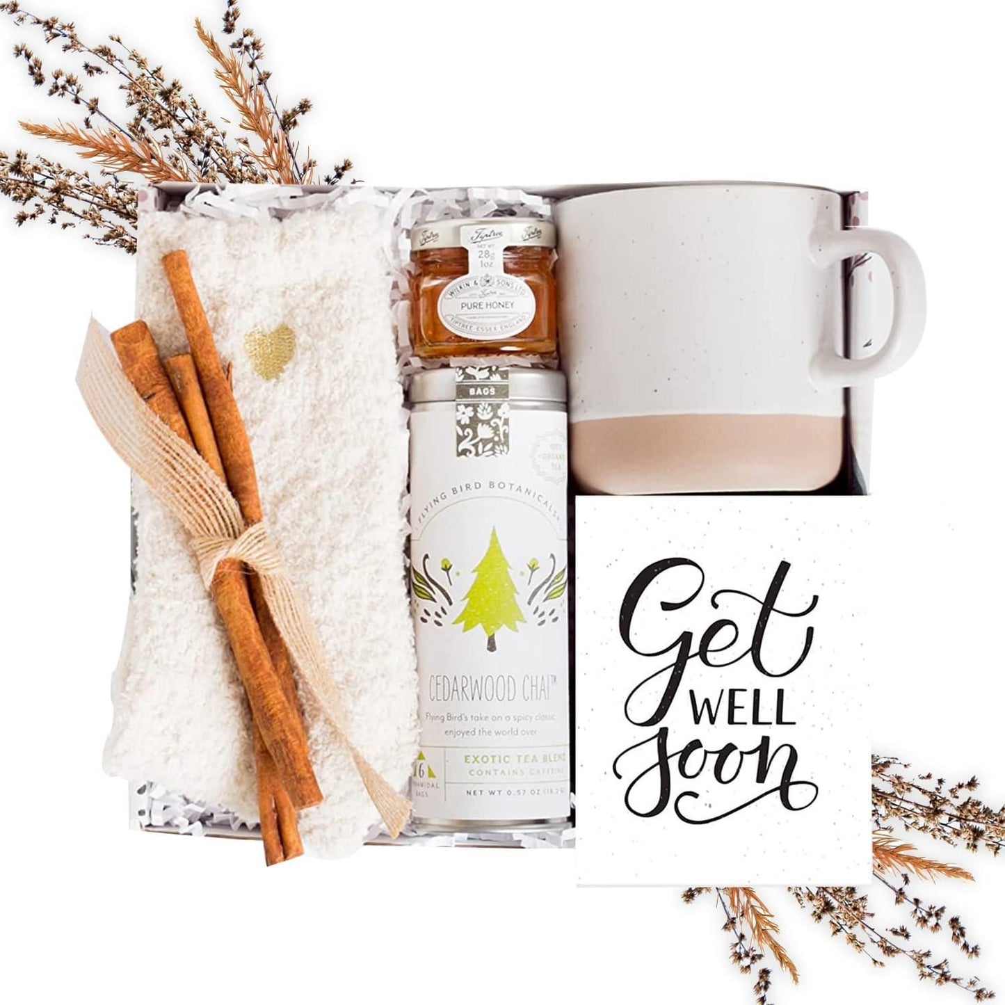 Get Well Soon Comforting Gift Basket for Women Soothing Self Care Box with Fluffy Socks Ceramic Mug Chai Tea Honey & Cinnamon for Mom Sister Friends and Coworkers