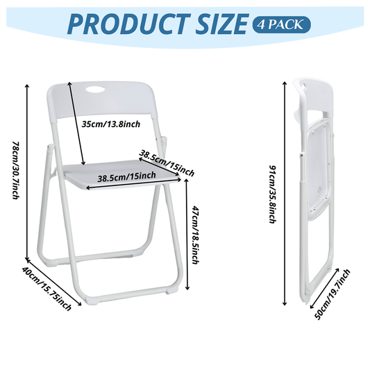 Plastic Folding Chairs, 300 lb Capacity, White, Indoor & Outdoor Plastic Commercial Stackable Folding Guest Chairs for Event Office, Wedding, Party, Picnic, Kitchen, Dining Room, Set of 4