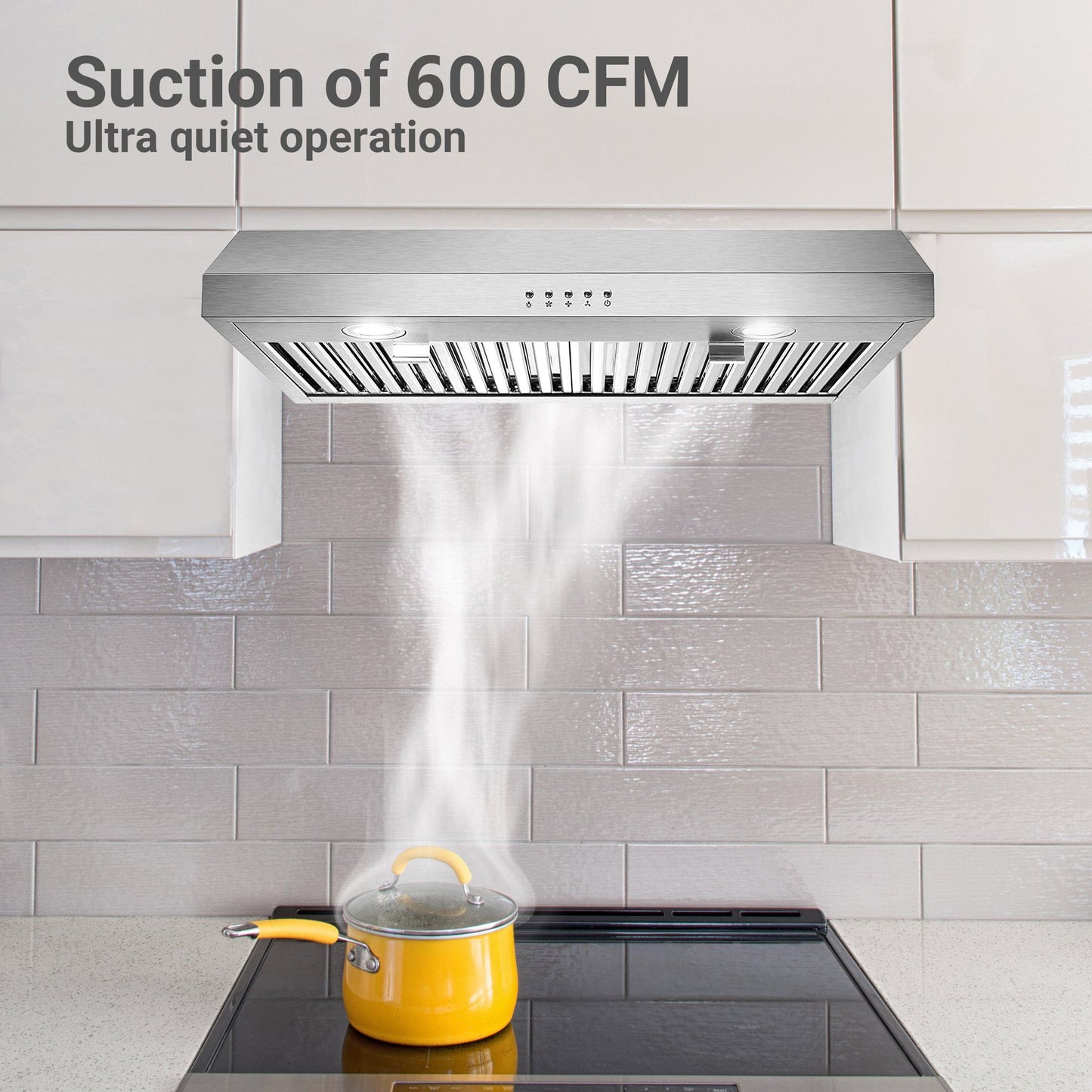 30 inch Kitchen Under Cabinet Range Hood 3-Speed 600CFM Vent w/LEDs Silver/Black