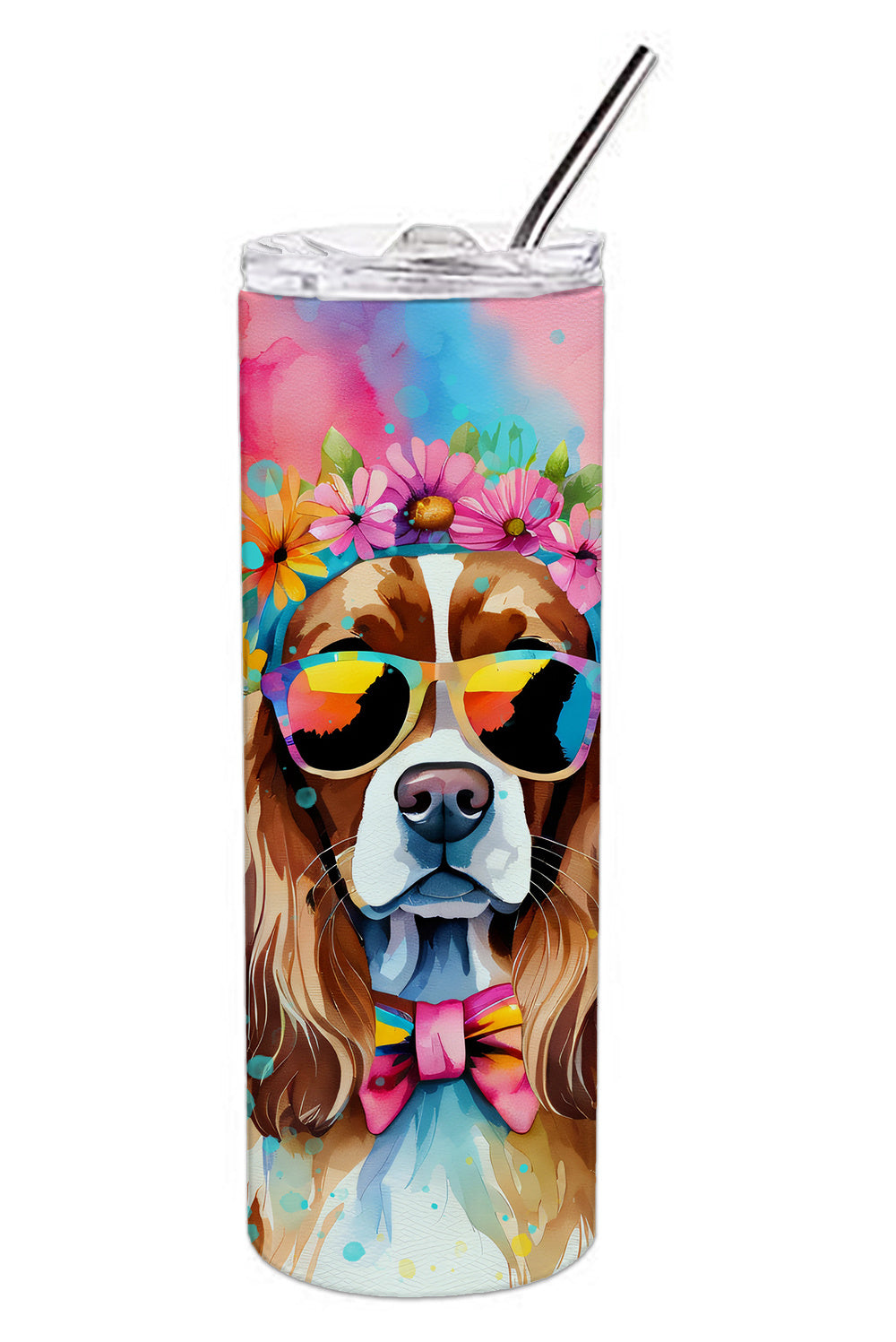 Cavalier Spaniel Hippie Dawg Stainless Steel Skinny Tumbler Vacuum Double Walled Reusable Insulated Tumbler Travel Cup for Coffee Cocktails Gift with Lid, 20 oz