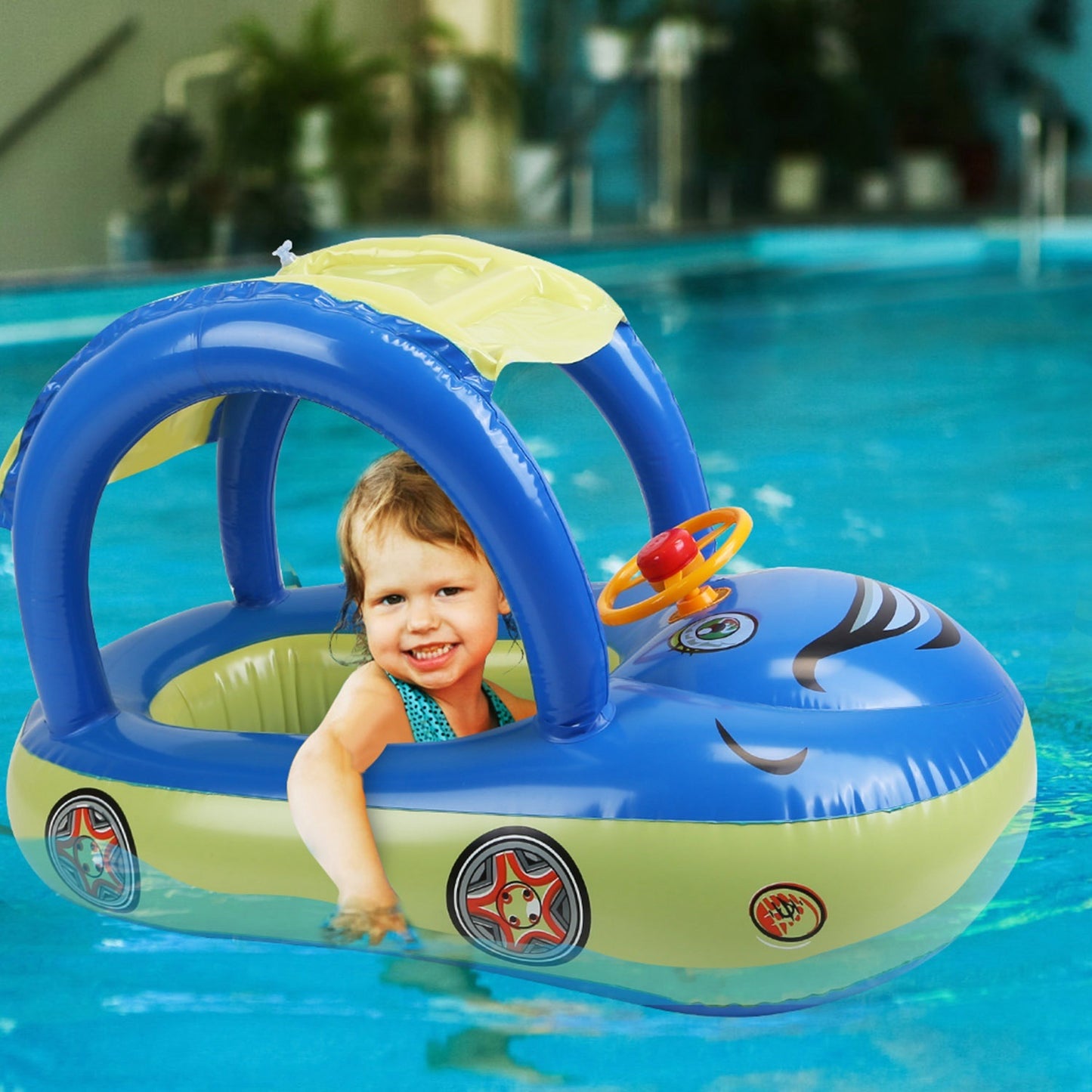 Baby Inflatable Pool Float Car Shaped Toddler Swimming Float Boat Pool Toy Infant Swim Ring Pool with Sun Protection Canopy for 1-3 Year-Old Kids Infant Toddlers