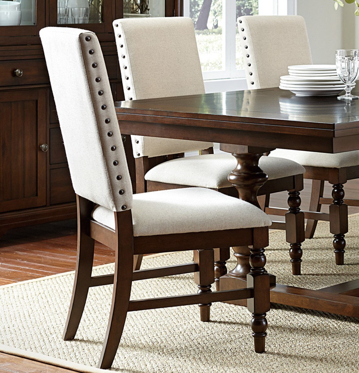 Dark Oak Finish Wooden Dining Chairs Set of 2 Cream Upholstered Back Seat Nailhead Trim Modern Dining Furniture