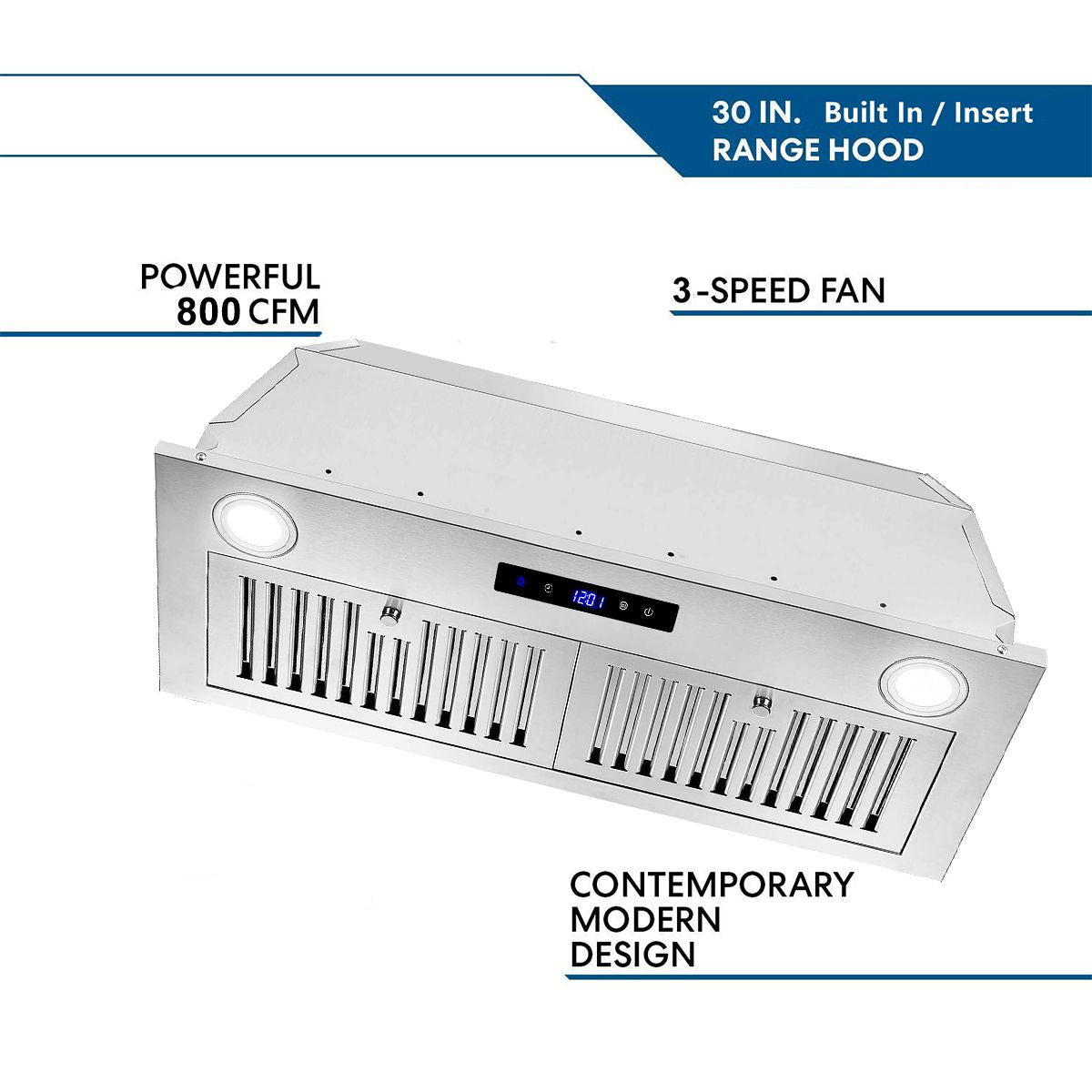 Range Hood Insert 30 inch,Stainless Steel Kitchen Vent Hood 600CFM,Built-in Kitchen Stove Hood w/Front Touch Control and Front LED Lights,Baffle Filters,Ducted/ductless Convertible Duct