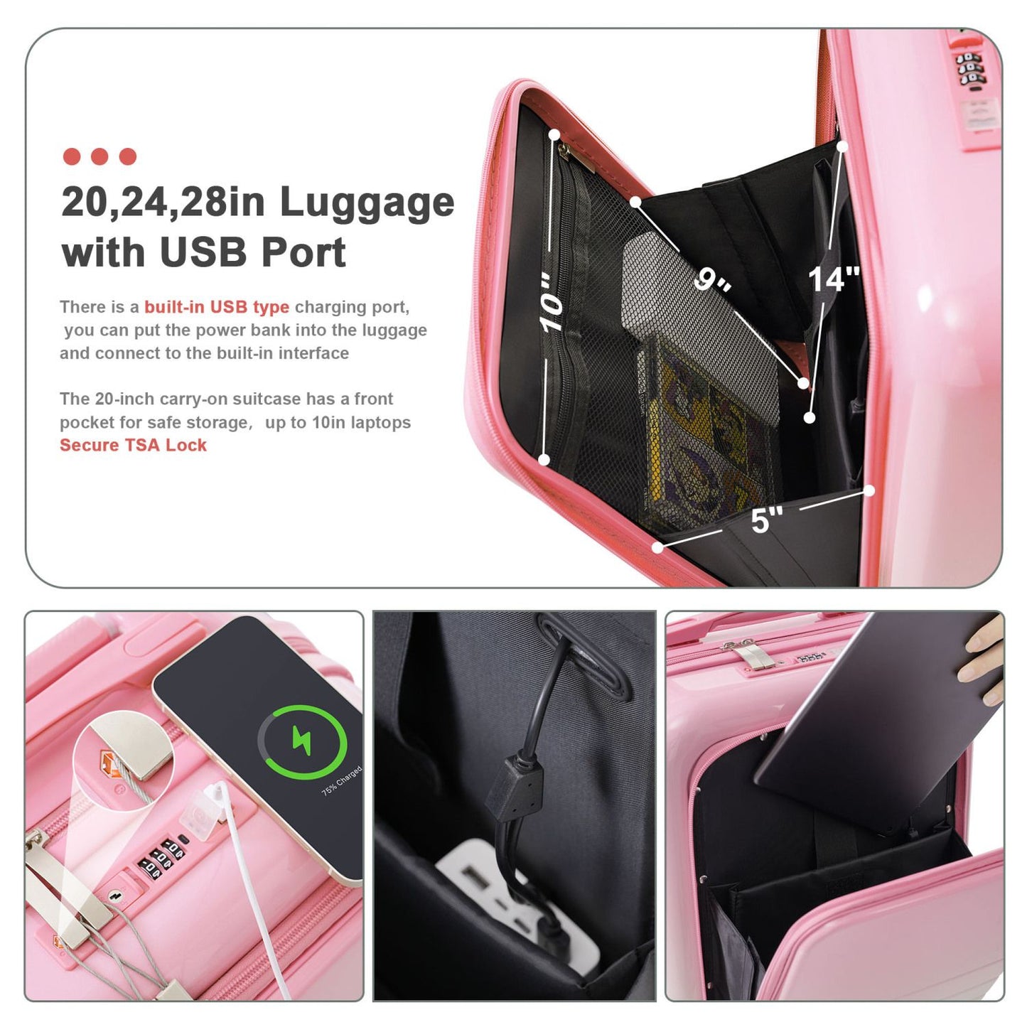 Luggage Set of 4 with USB Port, 20, 24inch with front opening design Airline Certified Carry on Luggage with Cup Holder, ABS+PC Hard Shell Luggage with Expandable Travel Bag, pink