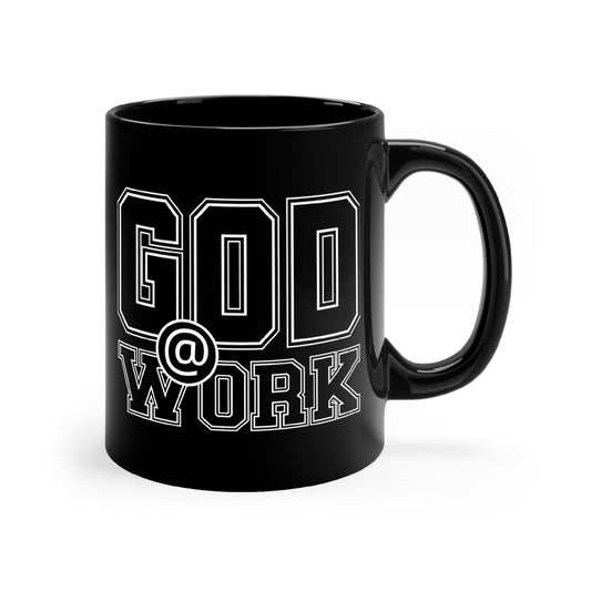 Black Ceramic Mug - 11oz, God @ Work Black And White Print