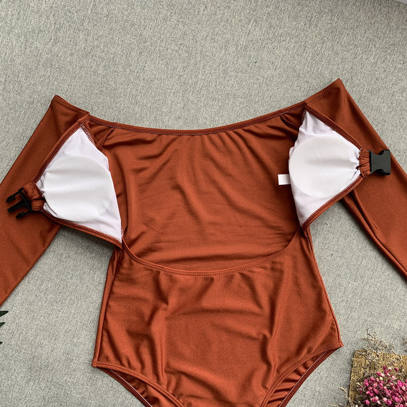 New One-piece Swimsuit Solid Color Buckle Bikini Female One-piece Off-the-shoulder Swimsuit Beach Bikini