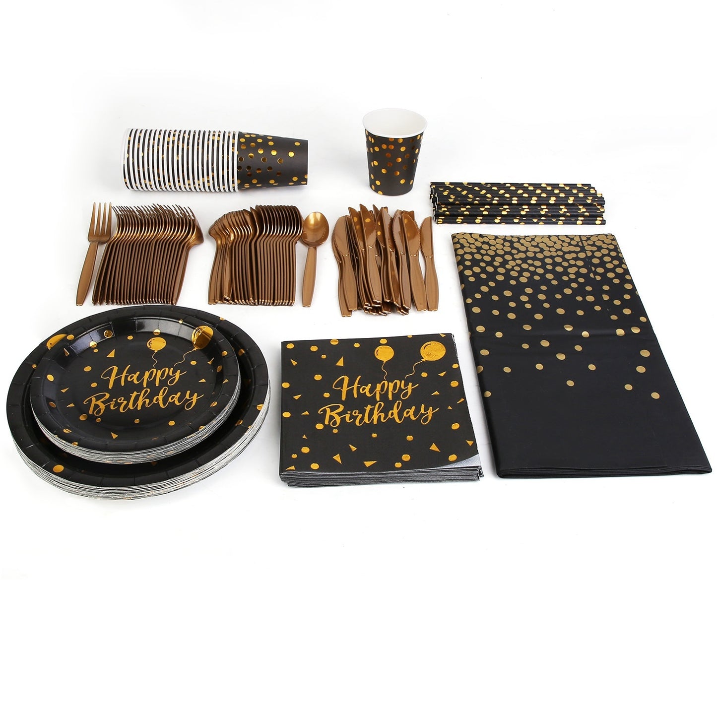 201PCS Black Gold Birthday Party Supplies For 25 Guests Happy Birthday Disposable Dinnerware Set Paper Plates 9OZ Cups Straws Napkins Forks Knives Spoons Tablecloth