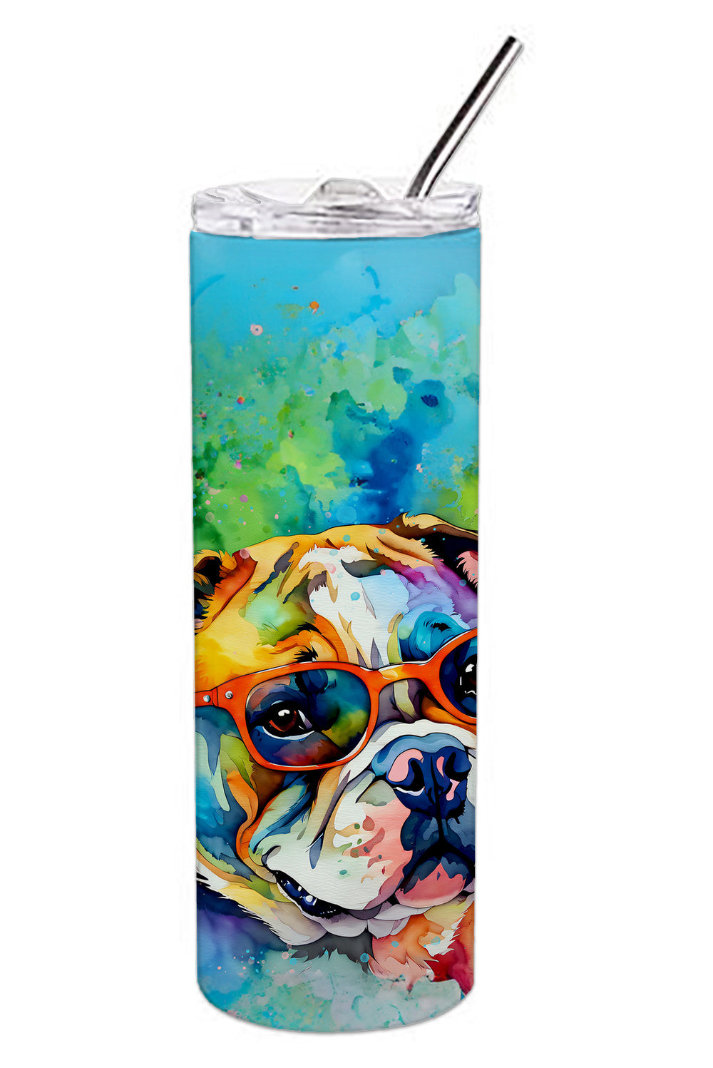 English Bulldog Hippie Dawg Stainless Steel Skinny Tumbler Vacuum Double Walled Reusable Insulated Tumbler Travel Cup for Coffee Cocktails Gift with Lid, 20 oz