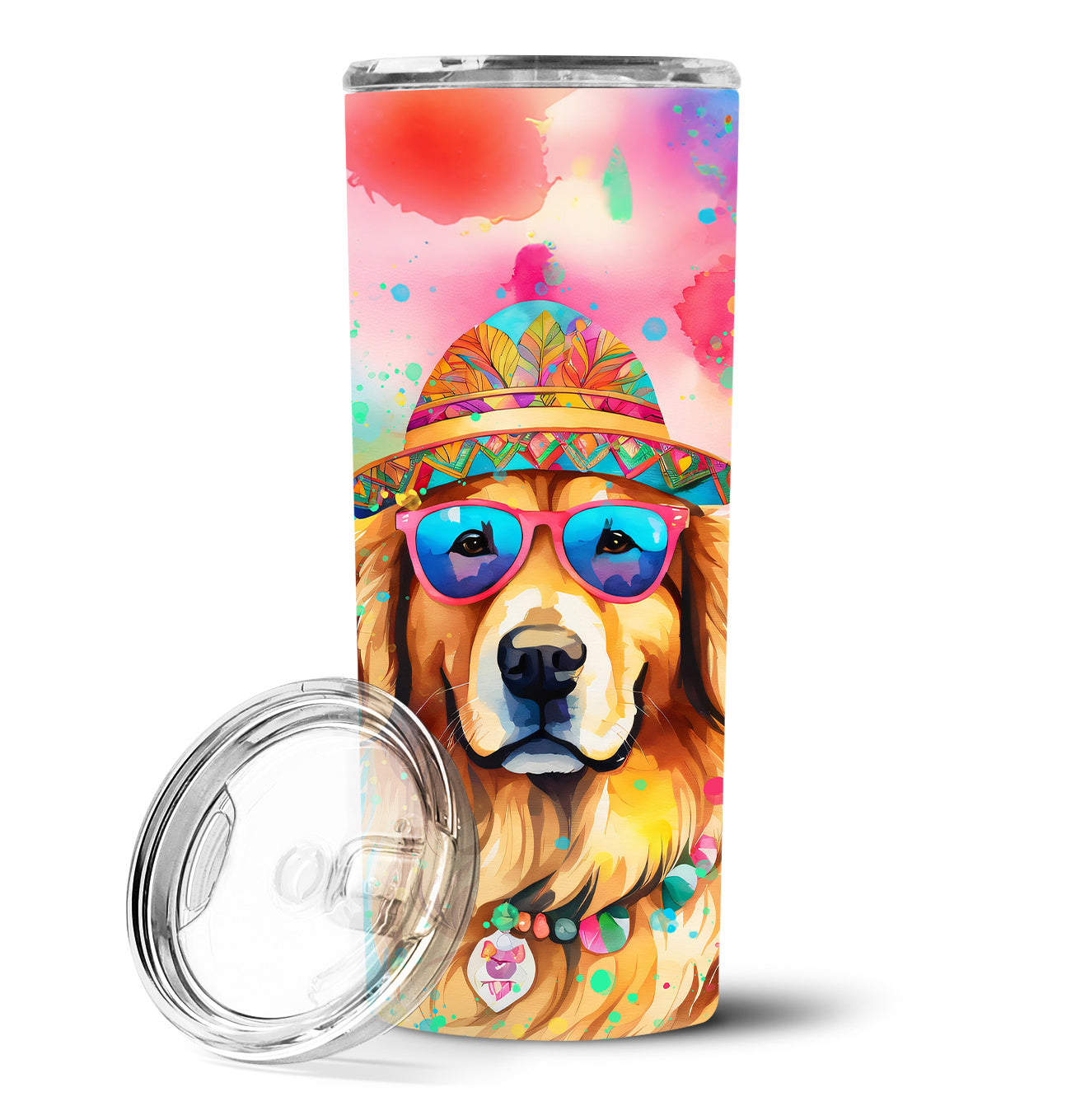 Golden Retriever Hippie Dawg Stainless Steel Skinny Tumbler Vacuum Double Walled Reusable Insulated Tumbler Travel Cup for Coffee Cocktails Gift with Lid, 20 oz