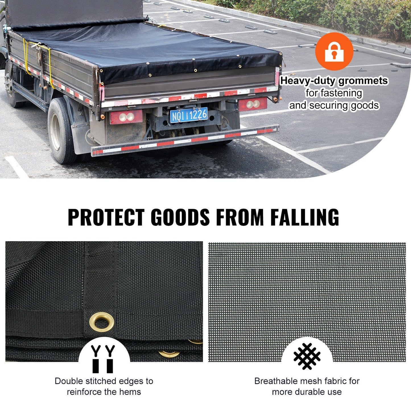 VEVOR Dump Truck Mesh Tarp, 7 x 18 ft, PVC Coated Black Heavy Duty Cover with 5.5" 18oz Double Pocket, Brass Grommets, Reinforced Double Needle Stitch Webbing Fits Manual or Electric Dump Truck System