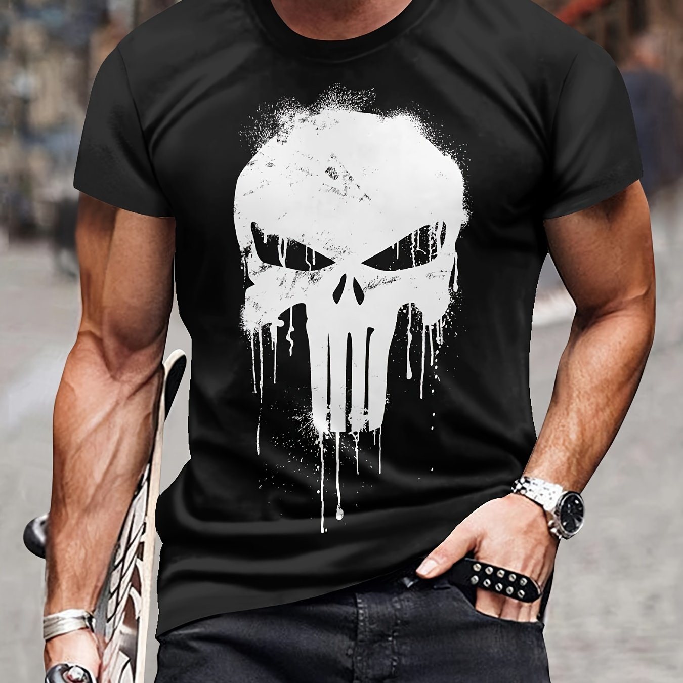 Men's Skull Print T-shirt, Casual Short Sleeved Round Neck T-shirt, Outdoor Men's Clothing