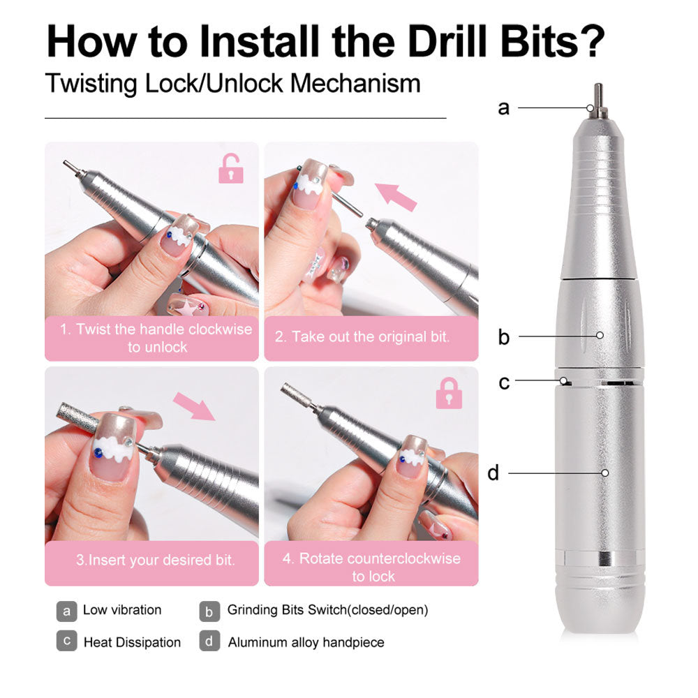 Portable Nail Drill Machine Professional 45000RPM, Rechargeable Electric Nail Drill Machine for Acrylic Nail Gel Polish Removal, Suitable for Nail Salon Home Cordless Nail Drill Machine Kit