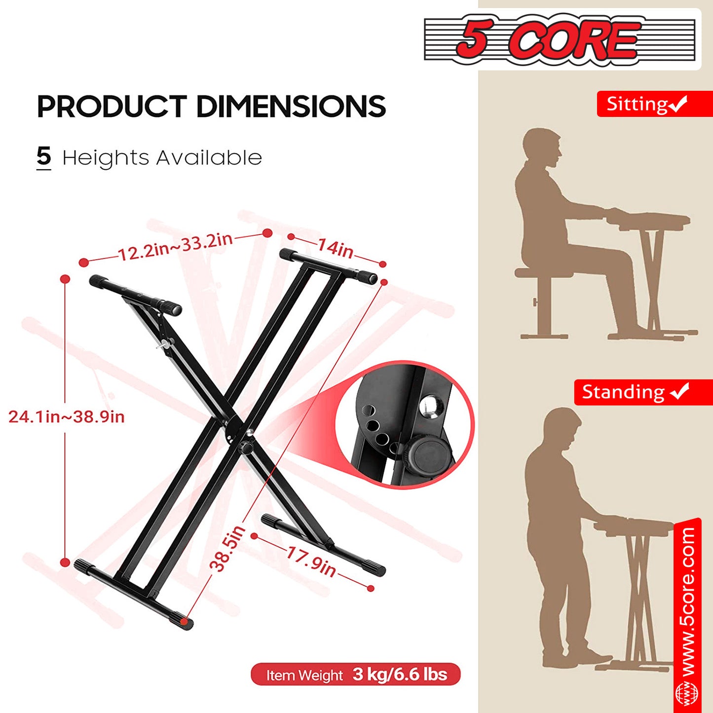 5 Core Keyboard Stand Digital Piano Riser Adjustable X Style Heavy Duty Electric Key Board Casio Synth Holder Foldable Portable Fits 54 61 88 Keys - KS 2X