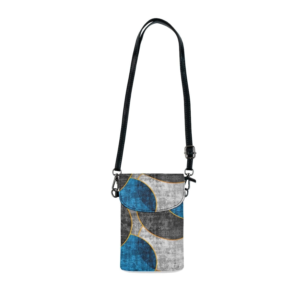 Crossbody Cell Phone Purse, Black Blue Grey Circular Geometric Pattern Print