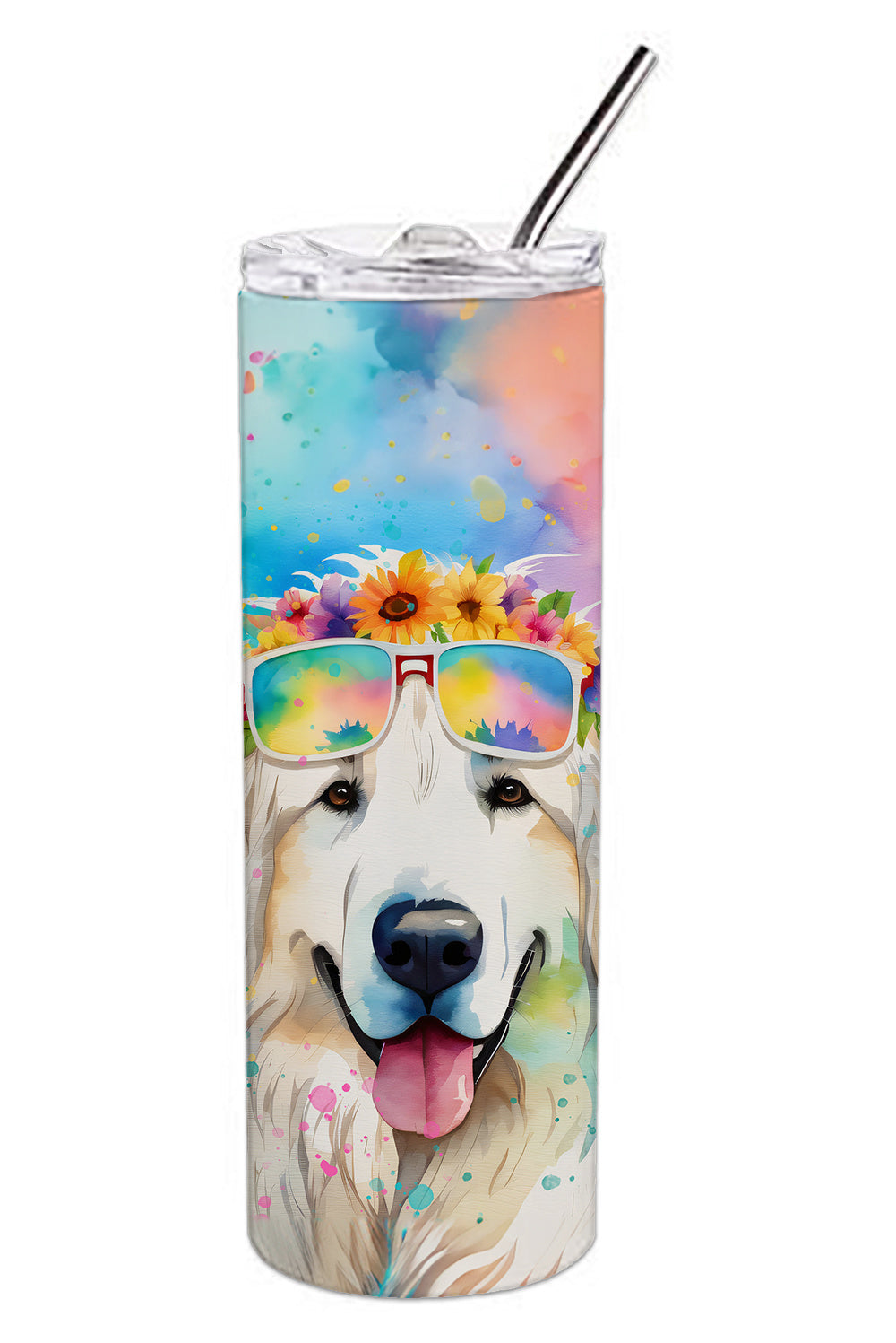 Great Pyrenees Hippie Dawg Stainless Steel Skinny Tumbler Vacuum Double Walled Reusable Insulated Tumbler Travel Cup for Coffee Cocktails Gift with Lid, 20 oz