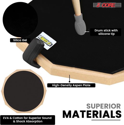 5 Core Drum Throne Adjustable Guitar Stool Padded Seat + Drum Practice Pad Snare Drumming Stand - DS CH BLK + DPAD COMBO BLK