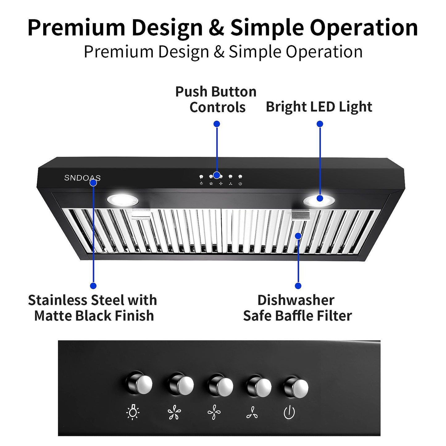 30 inch Kitchen Under Cabinet Range Hood 3-Speed 600CFM Vent w/LEDs Silver/Black