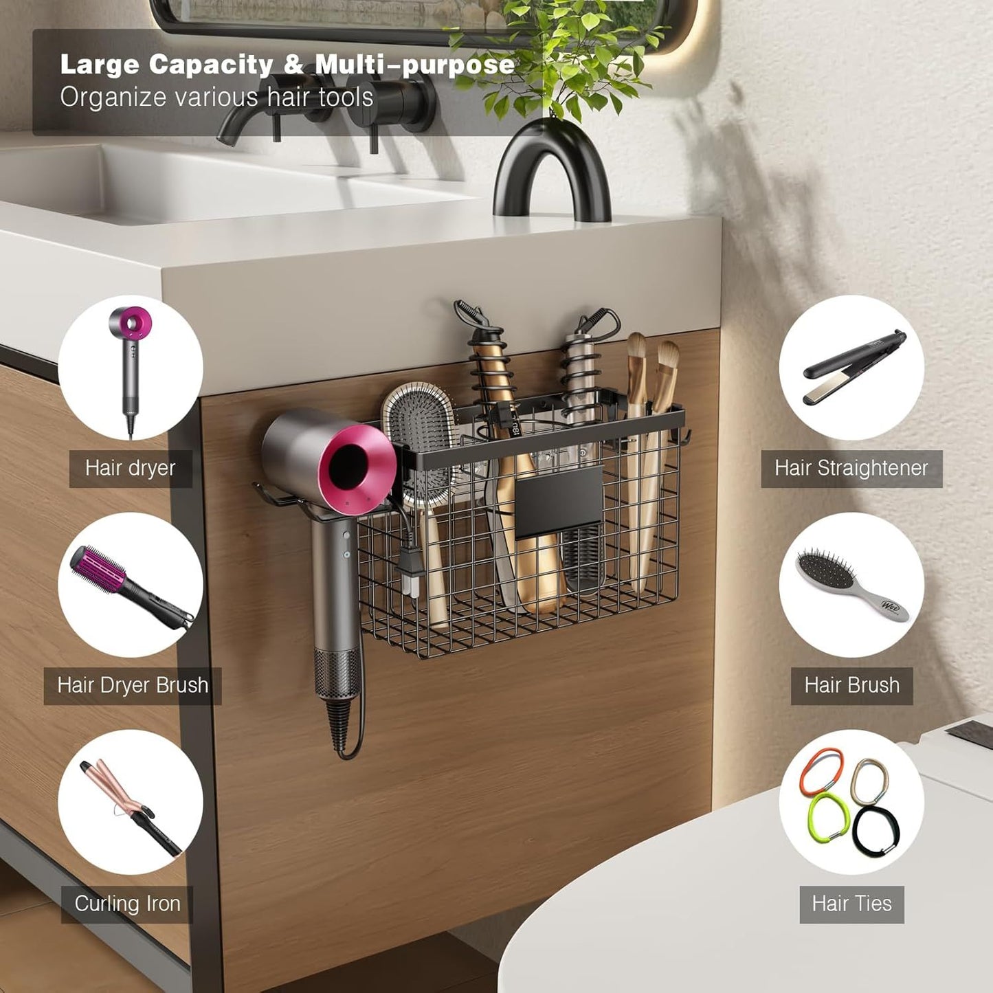 Hair Dryer Holder Cabinet Door, Adhesive Hair Tool Organizer Wall Mount Adjustable Height Blow Dryer Holder Under Sink/Countertop for Flat Curling Iron, Hair Brush, Hair Straightener