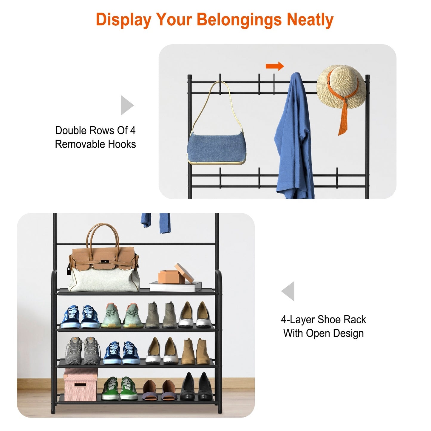 Entryway Coat Hat Rack Shoe Storage Shelf Shoe Rack Freestanding Hall Tree Garment Hanger Stand Clothes Shoe Organizer Combo