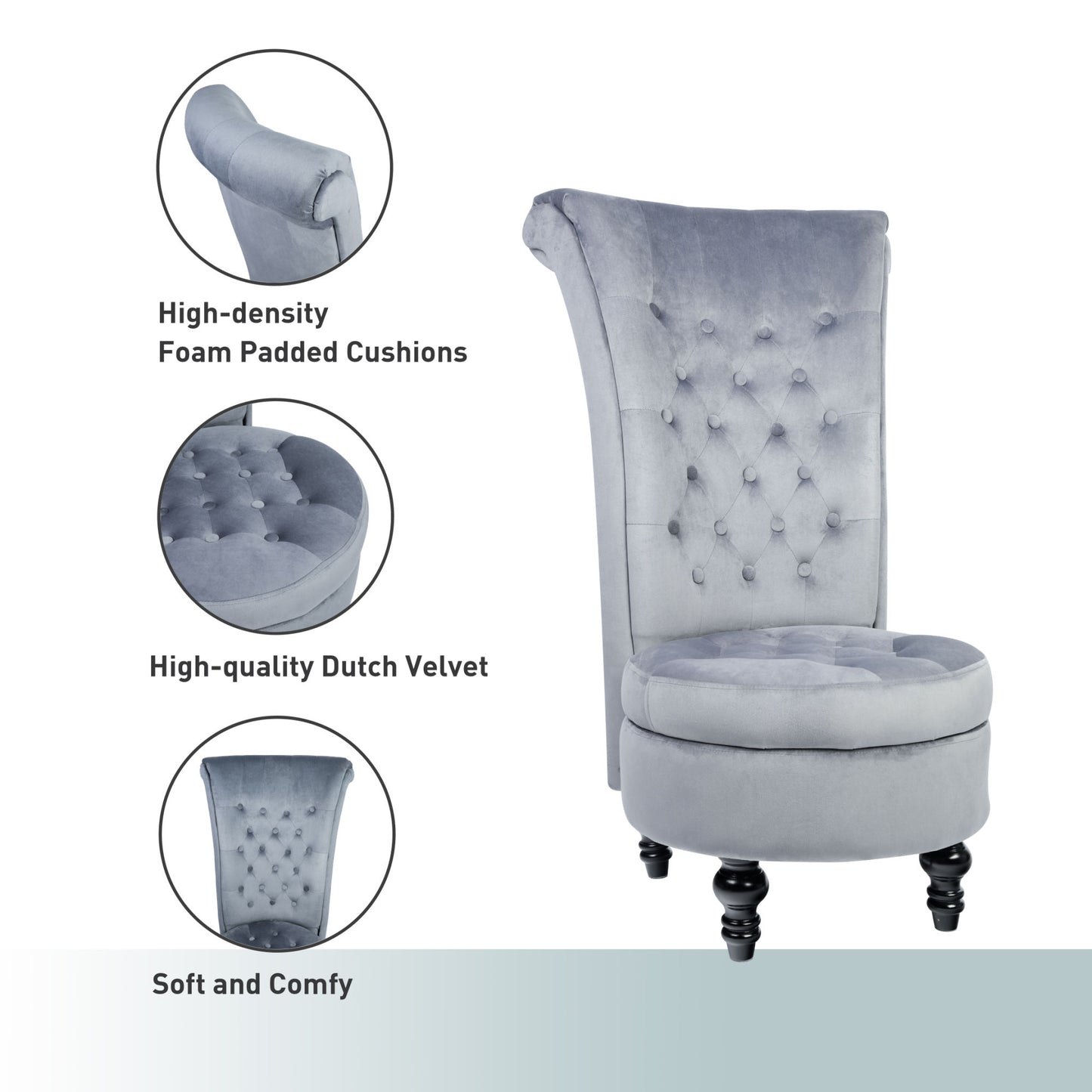 Royal Velvet High Back Armless Chair;  Retro Elegant Luxury Throne Chair;  Upholstered Tufted Accent Seat w/Storage for Dressing Room;  Living Room;  Bedroom