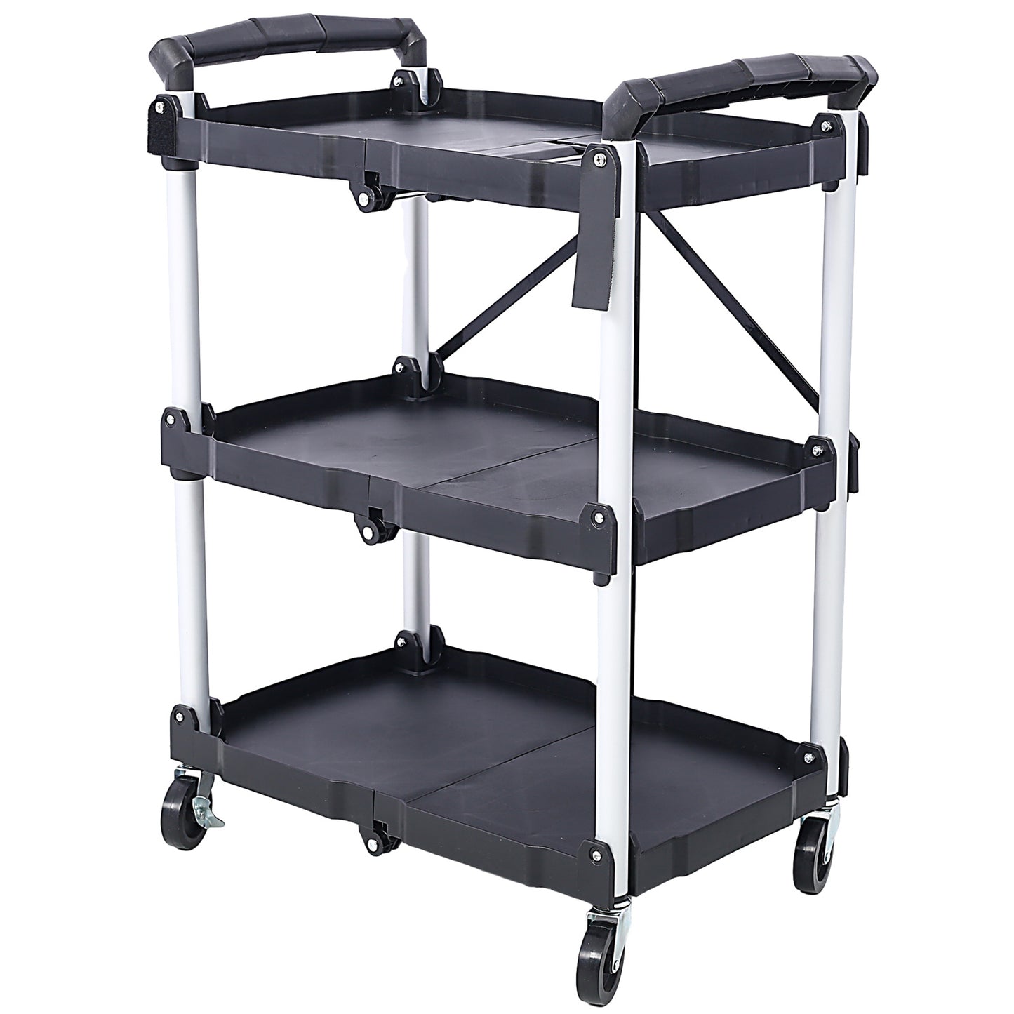 3 Layers Folding Collapsible Service Cart Pack-N-Roll Folding Collapsible Service Cart, Black, 50 Lb. Load Capacity per Shelf