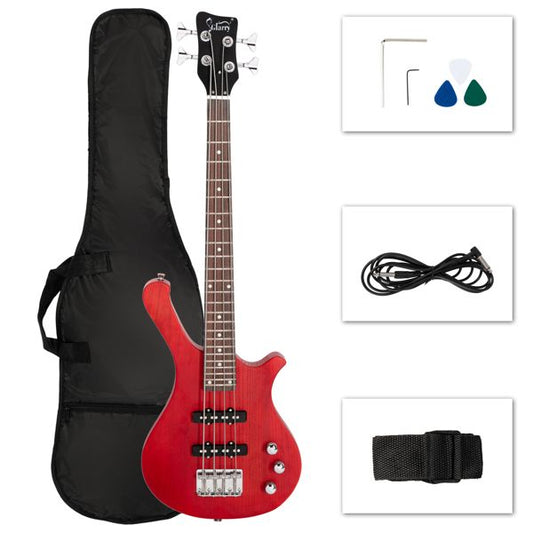 [Do Not Sell on AmazonGlarry GW101 36in Small Scale Electric Bass Guitar Suit With Mahogany Body SS Pickups, Guitar Bag, Strap, Cable Red