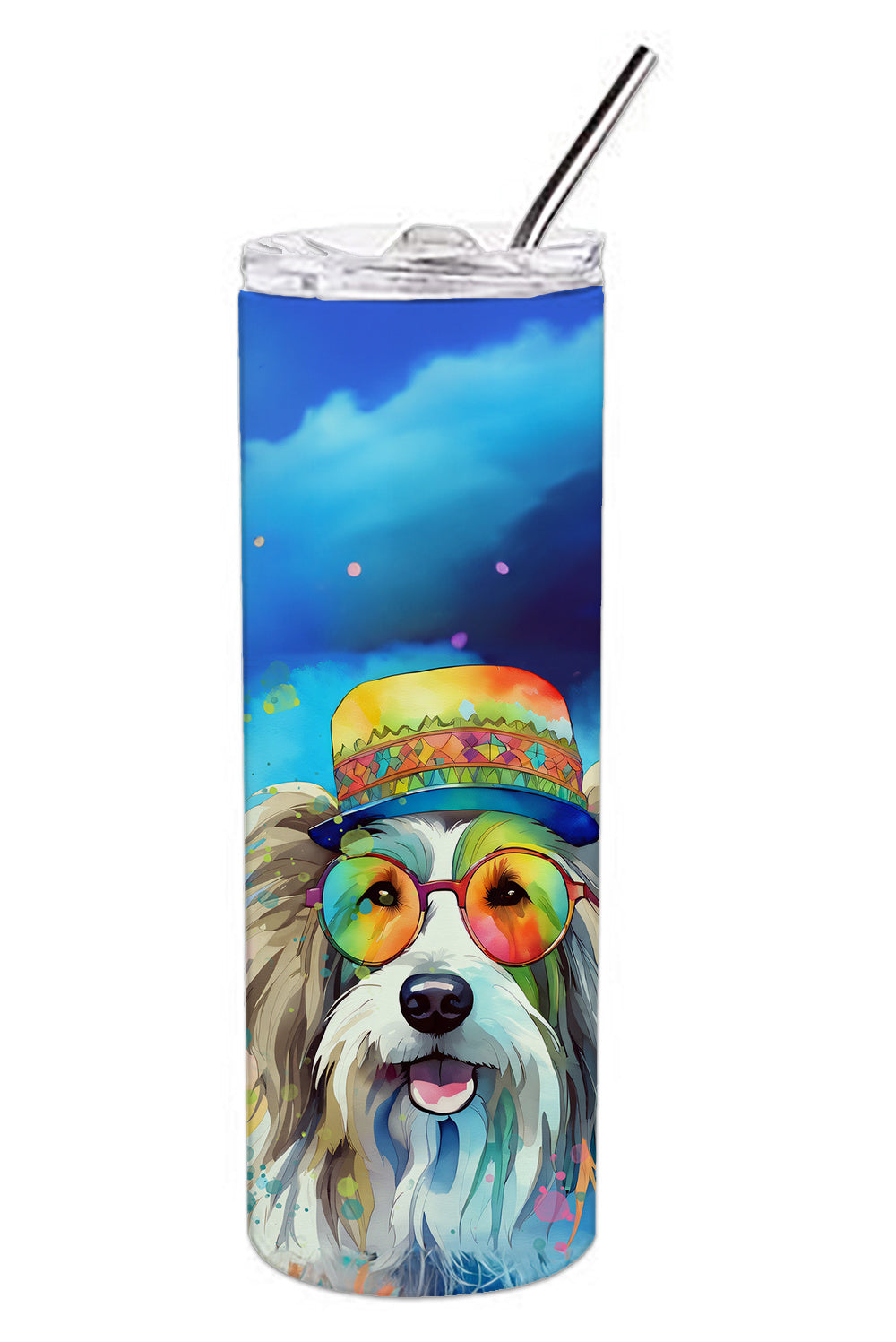 Bearded Collie Hippie Dawg Stainless Steel Skinny Tumbler Vacuum Double Walled Reusable Insulated Tumbler Travel Cup for Coffee Cocktails Gift with Lid, 20 oz