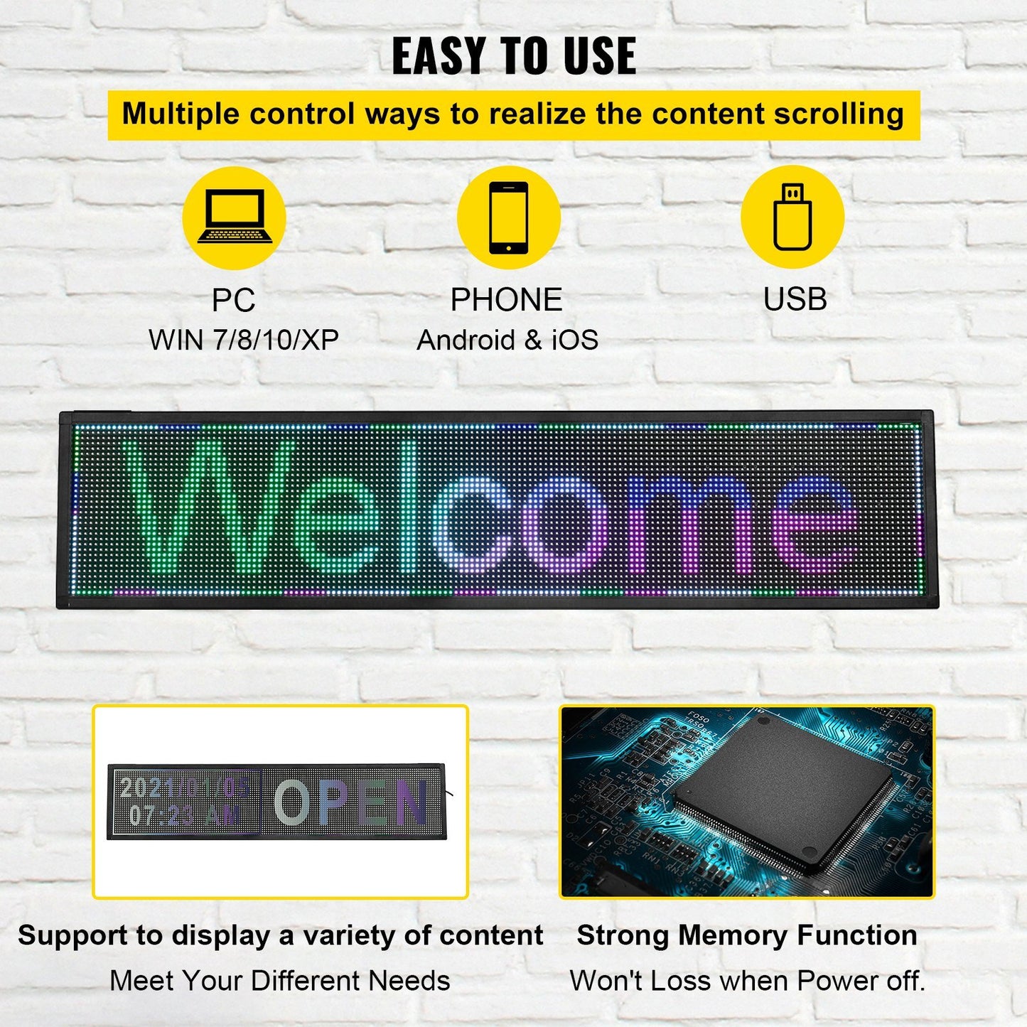 VEVOR LED Scrolling Sign, 40" x 9" WiFi & USB Control, Full Color P6 Programmable Display, Indoor High Resolution Message Board, High Brightness Electronic Sign, Perfect Solution for Advertising