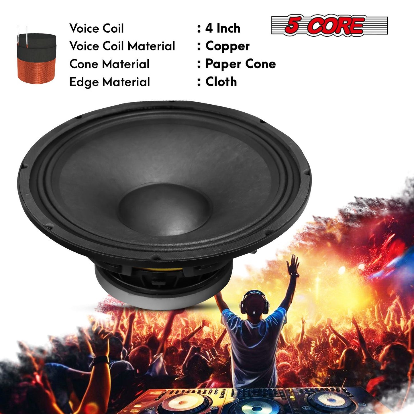 5Core 15 Inch Subwoofer Speaker 2000W Peak 8 Ohm Full Range Replacement DJ Bass Sub Woofer Loudspeaker with 4" Voice Coil and 74 Oz Y30 Magnet5Core 15 Inch Subwoofer FR 15200 23 AL