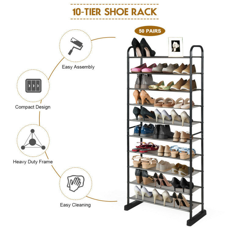 10-Tier Free-Standing Metal Frame Shoe Rack