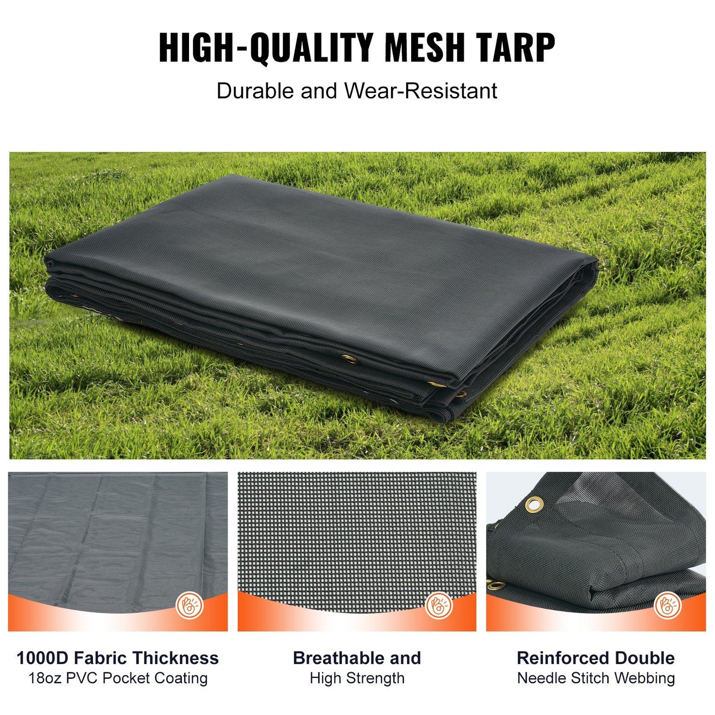 VEVOR Dump Truck Mesh Tarp, 6.5x18 ft, PVC Coated Black Heavy Duty Cover with 5.5" 18oz Double Pocket, Brass Grommets, Reinforced Double Needle Stitch Webbing Fits Manual or Electric Dump Truck System