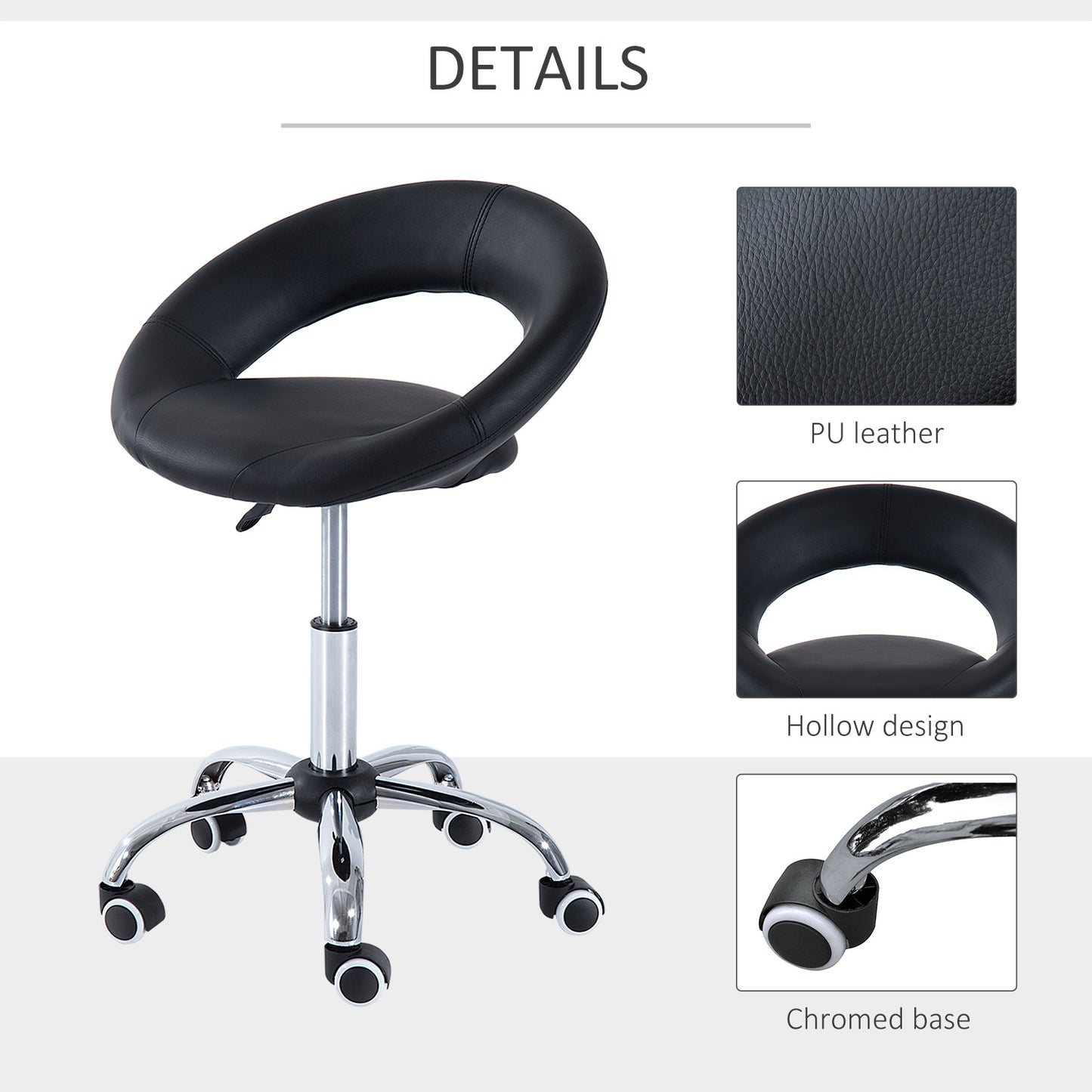 Crescent Rolling Salon Stool with Adjustable Height, Breathable Open Back, Foam Cushion Seat, and 5 Caster Wheels, Black