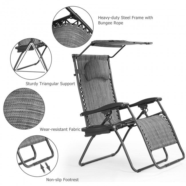 Folding Recliner Lounge Chair with Shade Canopy Cup Holder