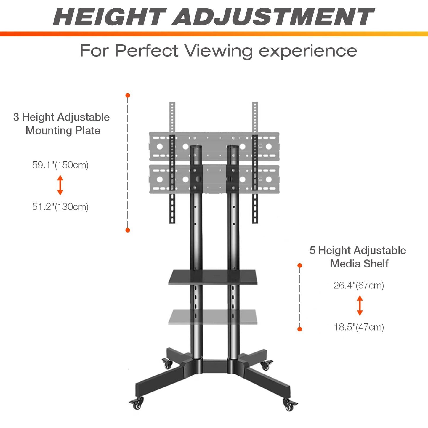 Mobile TV Stand on Wheels for 32-65 Inch LCD LED Flat Panel Curved Screen TV up to 132lbs, TV Cart with Height Adjustable Laptop Shelf Movable Portable Rolling Floor TV Stand Max VESA 600*400mm