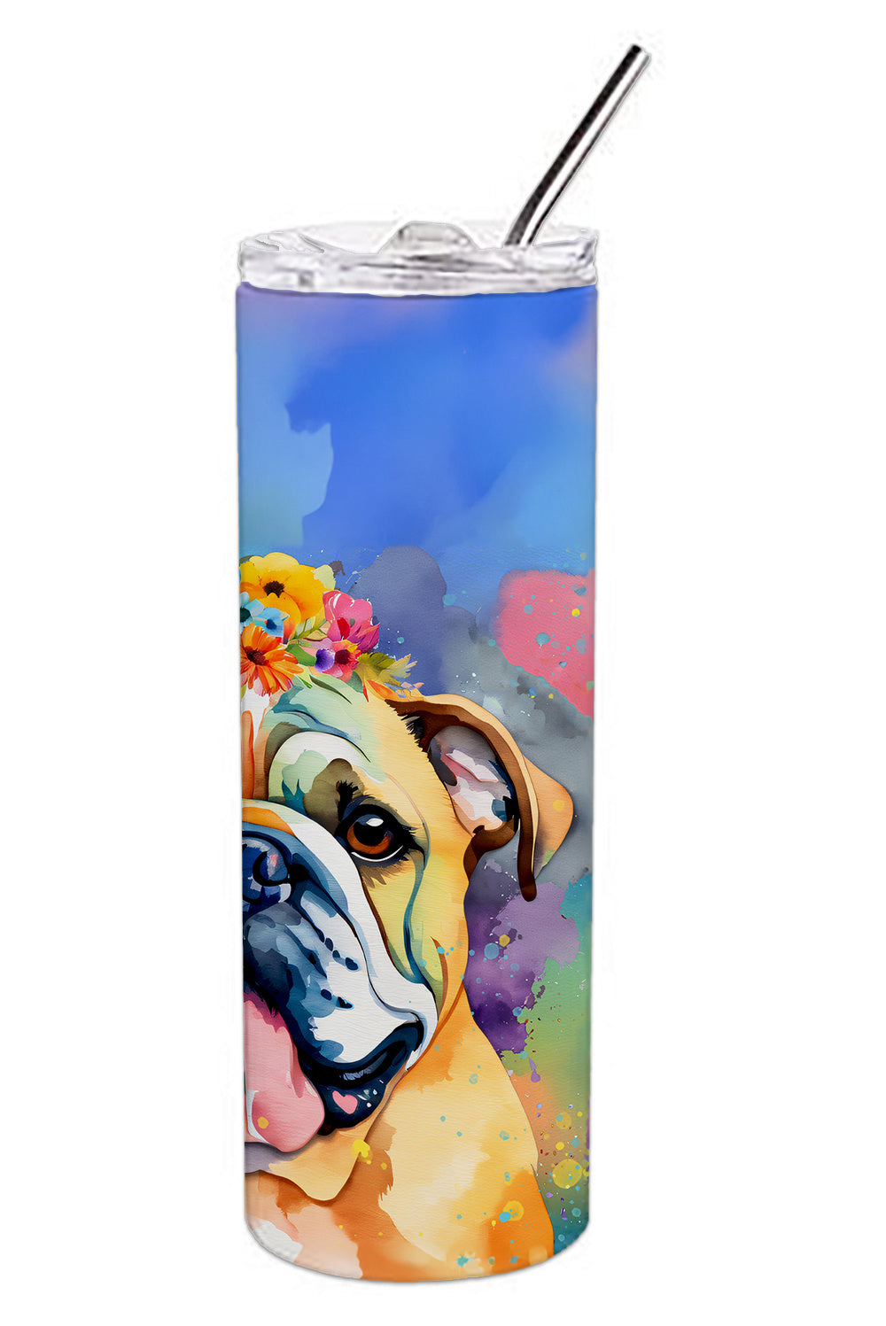 English Bulldog Hippie Dawg Stainless Steel Skinny Tumbler Vacuum Double Walled Reusable Insulated Tumbler Travel Cup for Coffee Cocktails Gift with Lid, 20 oz