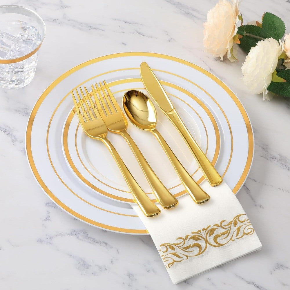 700 Piece Gold Dinnerware Set for 100 Guests, 100 Gold Rim Dinner Plates,Dessert Plates, Paper Napkins, Cups