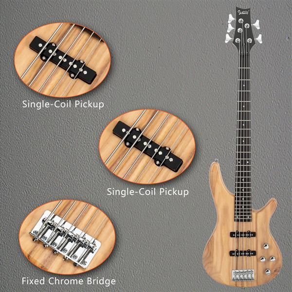 [Do Not Sell on Amazon]Glarry GIB Electric 5 String Bass Guitar Full Size Bag Strap Pick Connector Wrench Tool Burlywood