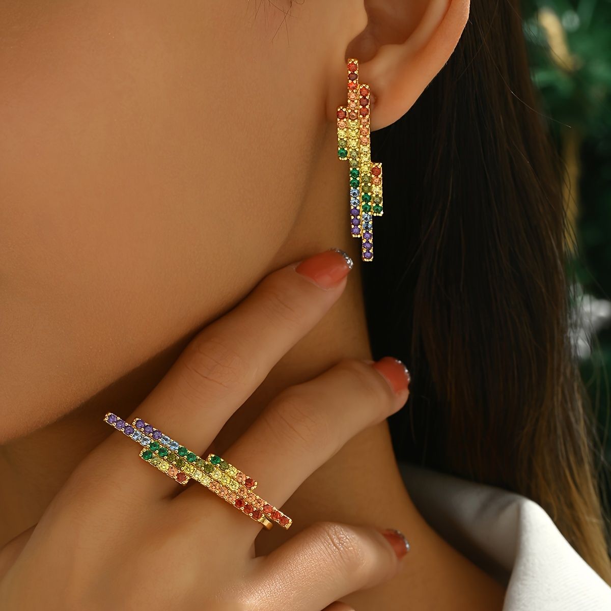 "Sparkling Rainbow Lightning Bolt Earrings -  Make a Statement with Every Step Rainbow Lightning Bolt Earrings - Sparkle and Shine with Every Step"