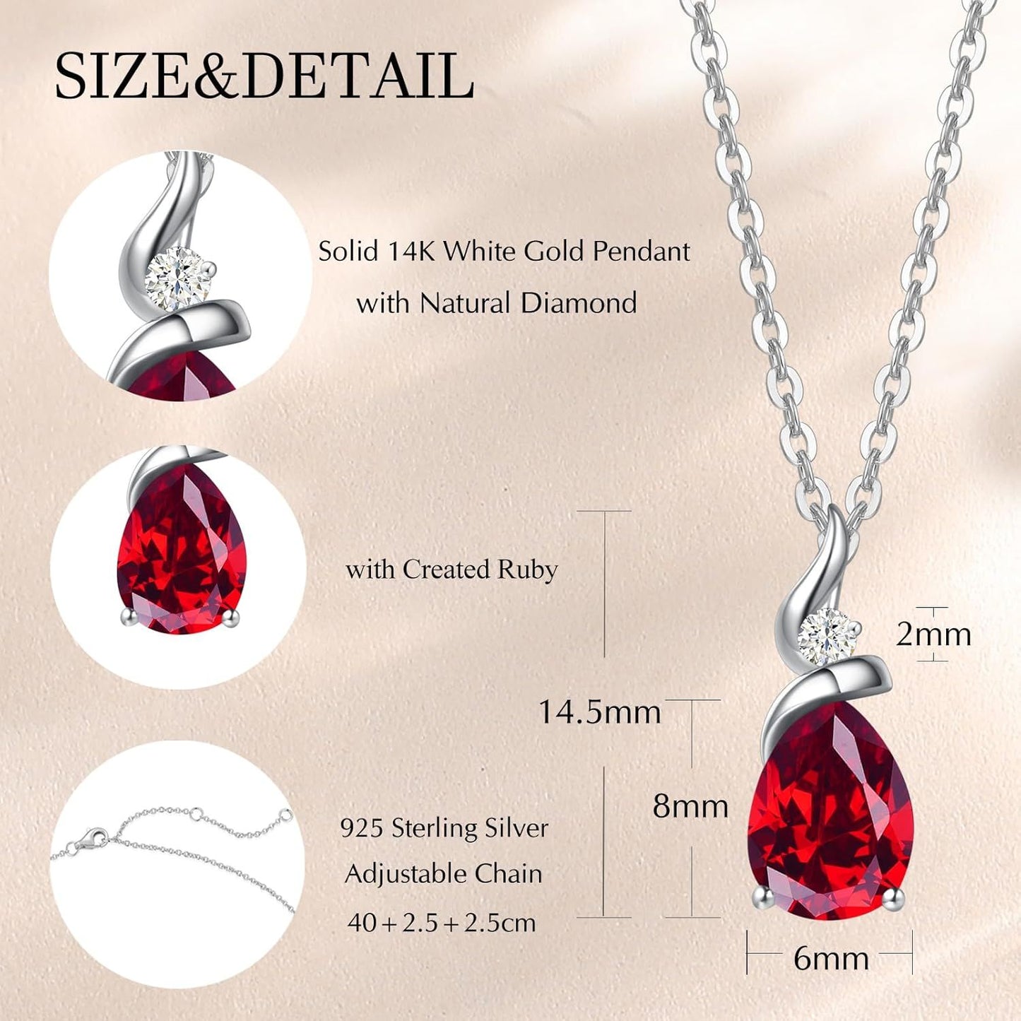 "14K Birthstone Pendant Necklace for Women with  Diamond Pear Shape Teardrop Necklace Birthday  Gift for Mom Chain Length 16"" + 2"" Extender"