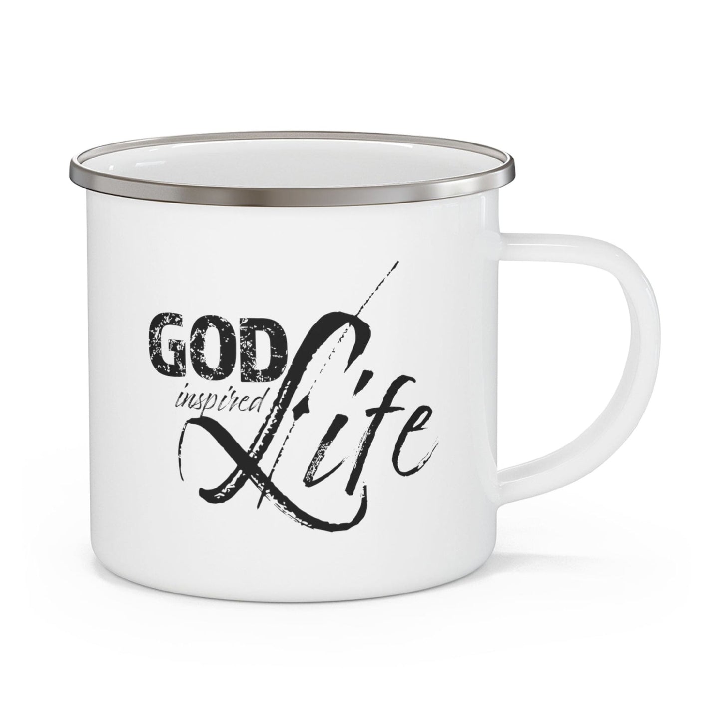 Enamel Camping Mug, God Inspired Life Black Illustration