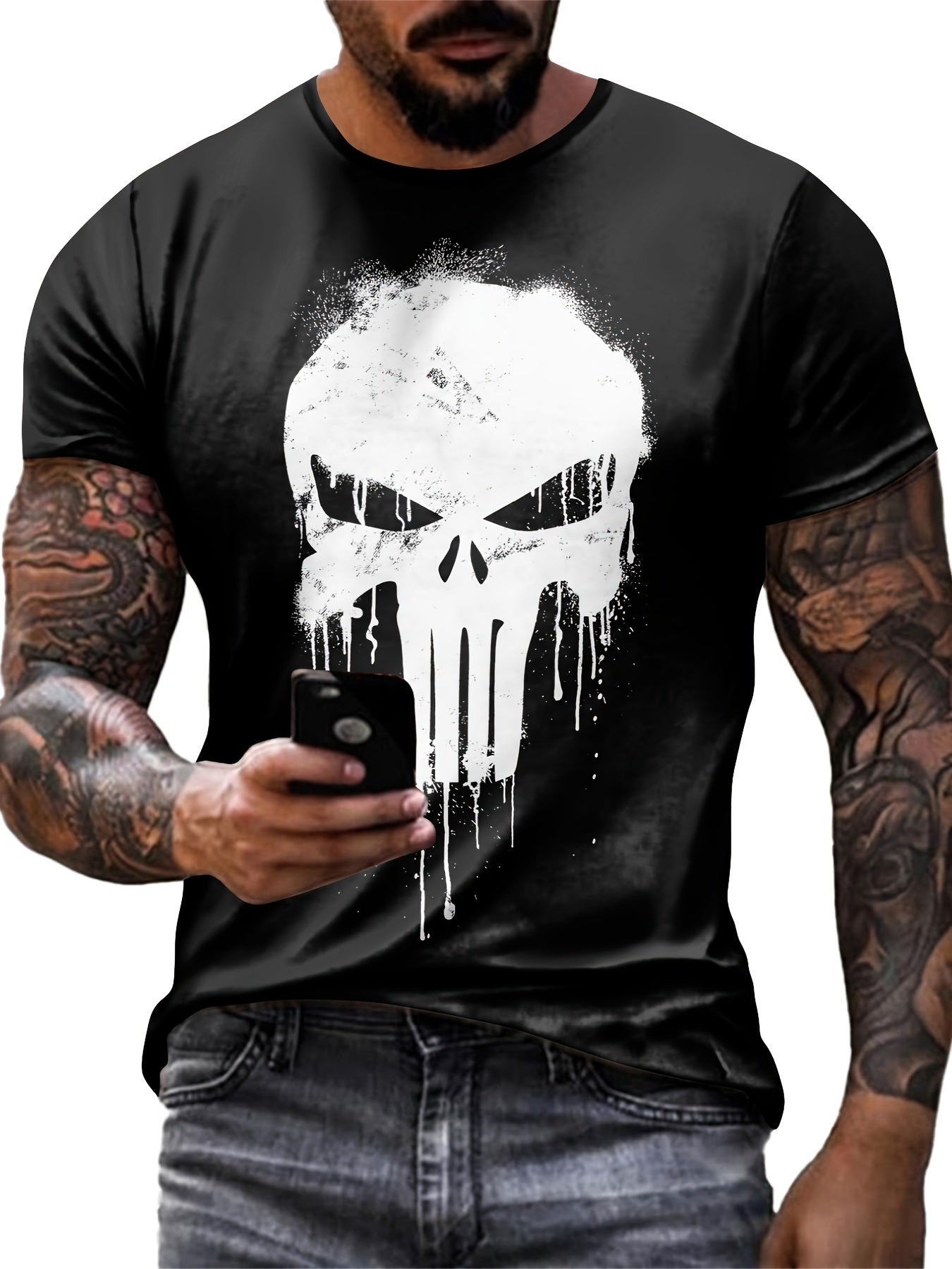 Men's Skull Print T-shirt, Casual Short Sleeved Round Neck T-shirt, Outdoor Men's Clothing