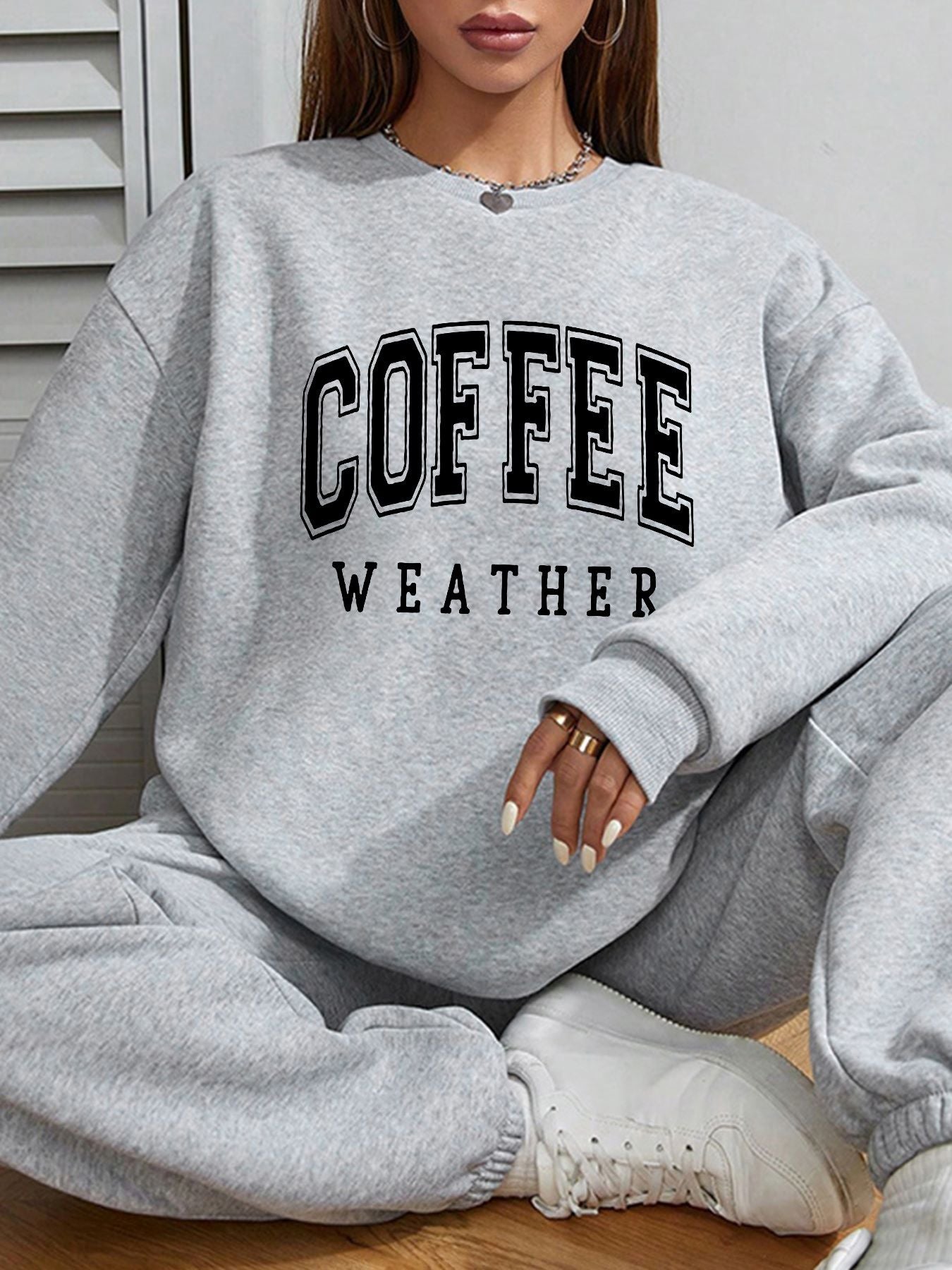 Women Basic Casual Pullover Spring Autumn Long Sleeve Coffee Letter Round Neck